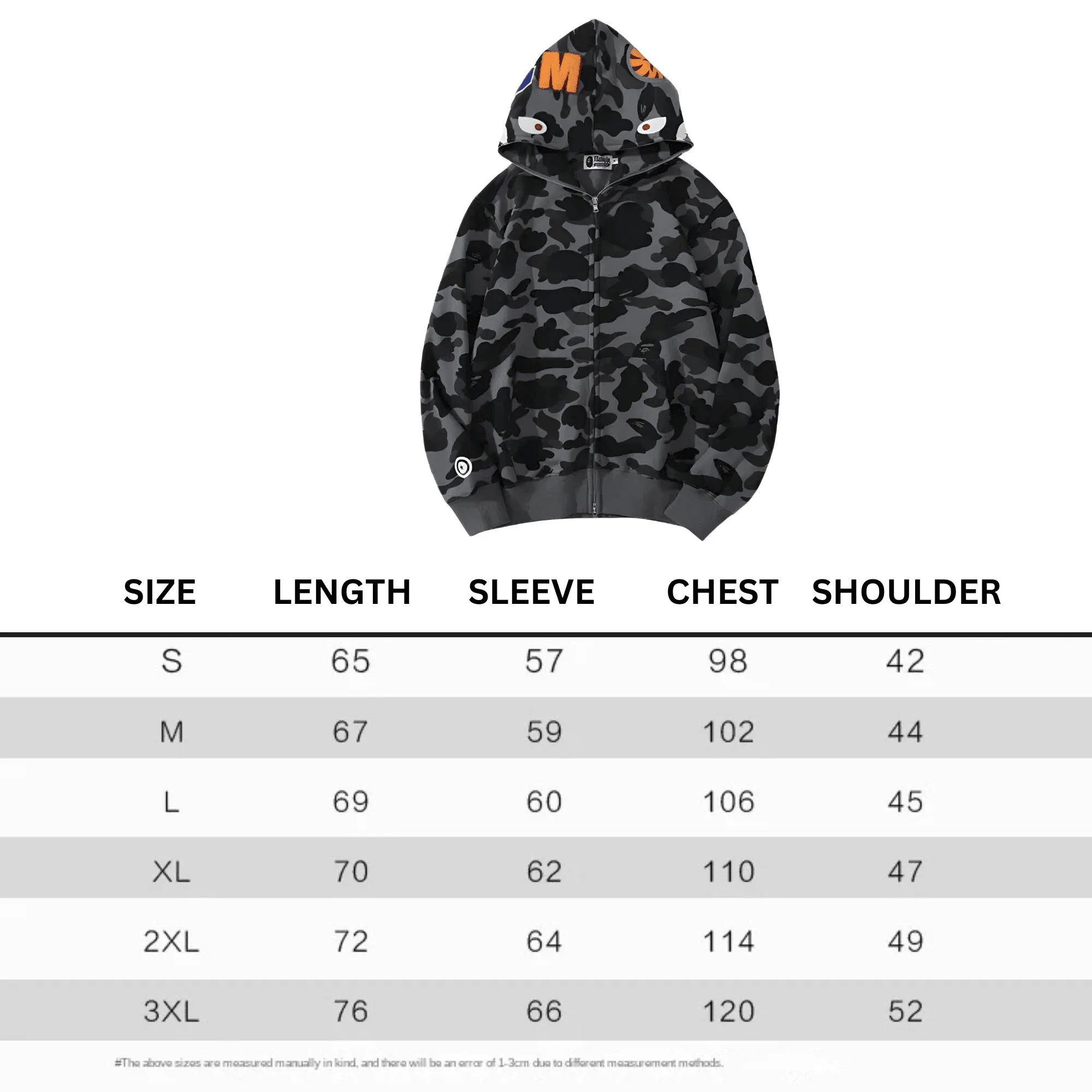 100% Cotton Men's Zippered Trendy Shark Camouflage Hoodie Fine Embroidery Loose Fitting Pure Cotton Plush Hooded Sweatshirt