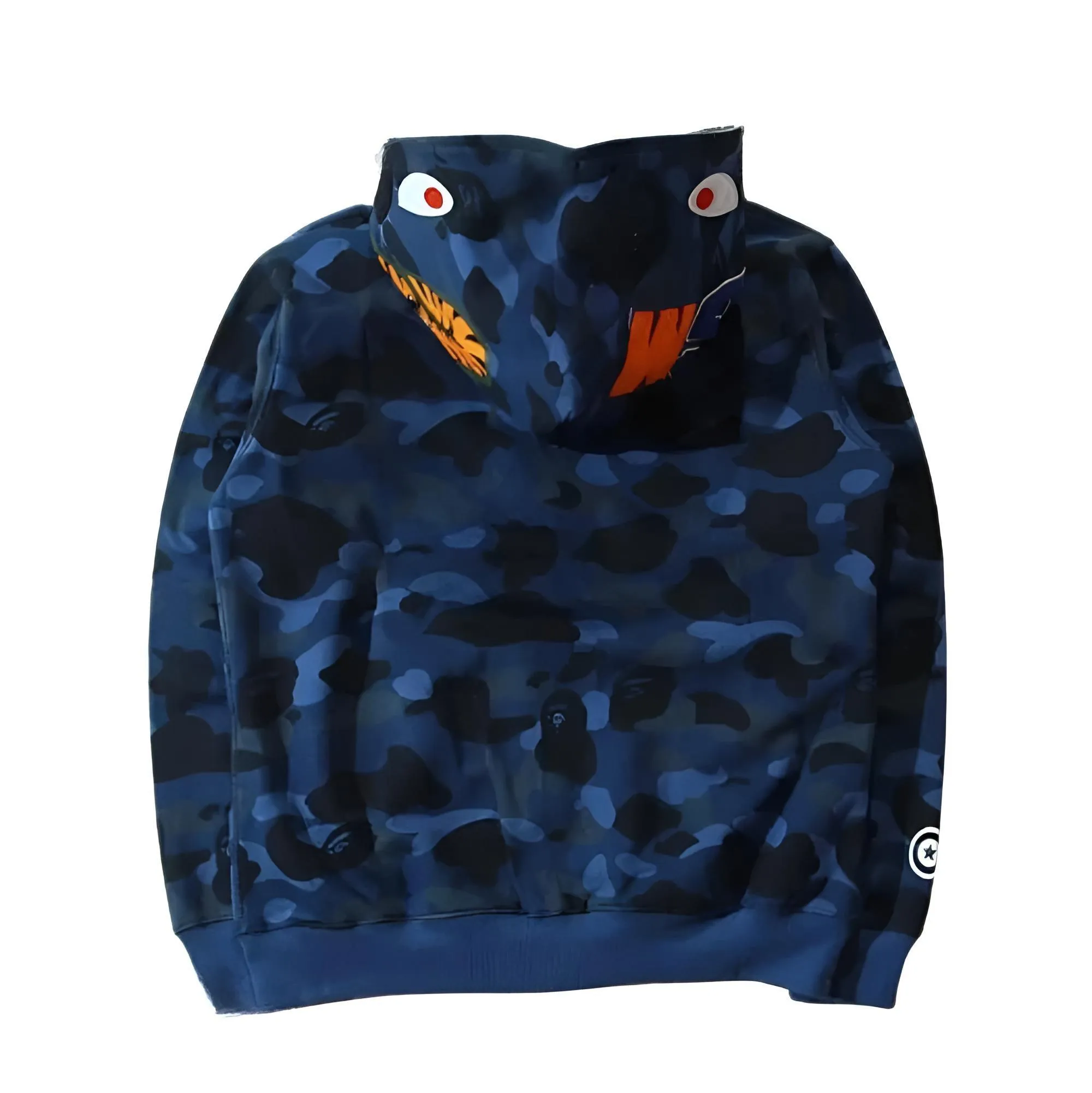 100% Cotton Men's Zippered Trendy Shark Camouflage Hoodie Fine Embroidery Loose Fitting Pure Cotton Plush Hooded Sweatshirt