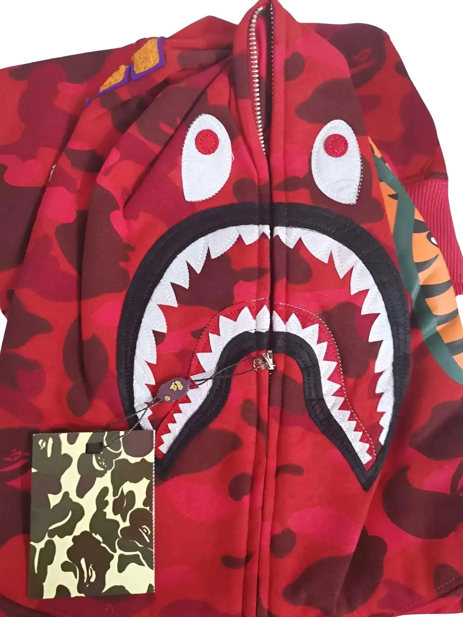 100% Cotton Men's Zippered Trendy Shark Camouflage Hoodie Fine Embroidery Loose Fitting Pure Cotton Plush Hooded Sweatshirt