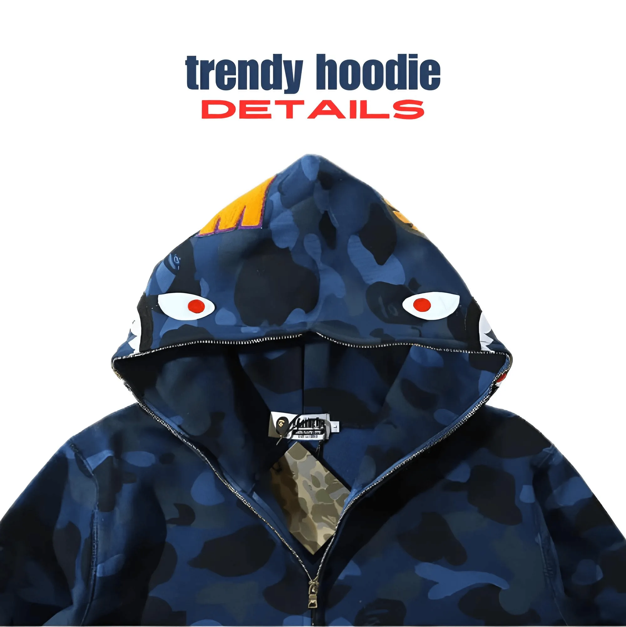 100% Cotton Men's Zippered Trendy Shark Camouflage Hoodie Fine Embroidery Loose Fitting Pure Cotton Plush Hooded Sweatshirt