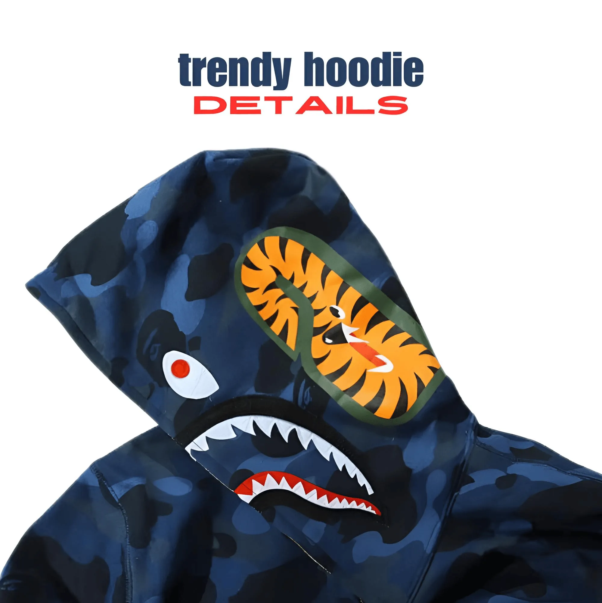 100% Cotton Men's Zippered Trendy Shark Camouflage Hoodie Fine Embroidery Loose Fitting Pure Cotton Plush Hooded Sweatshirt