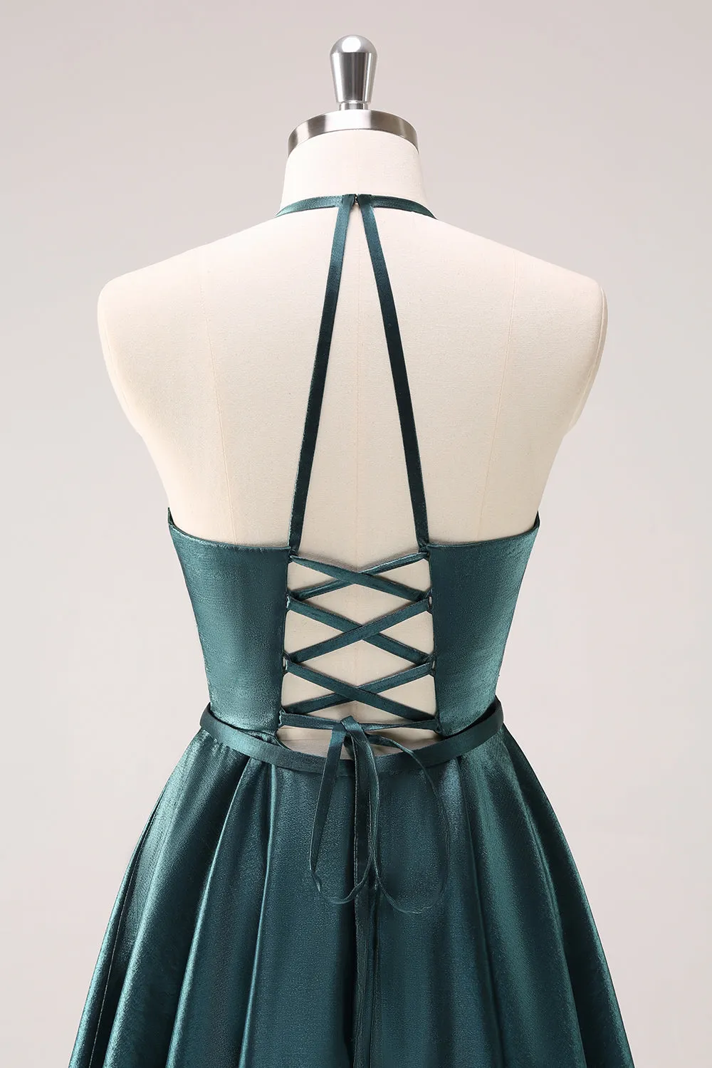 A-Line Peacock Blue Halter Mini Dress with Lace Up Back