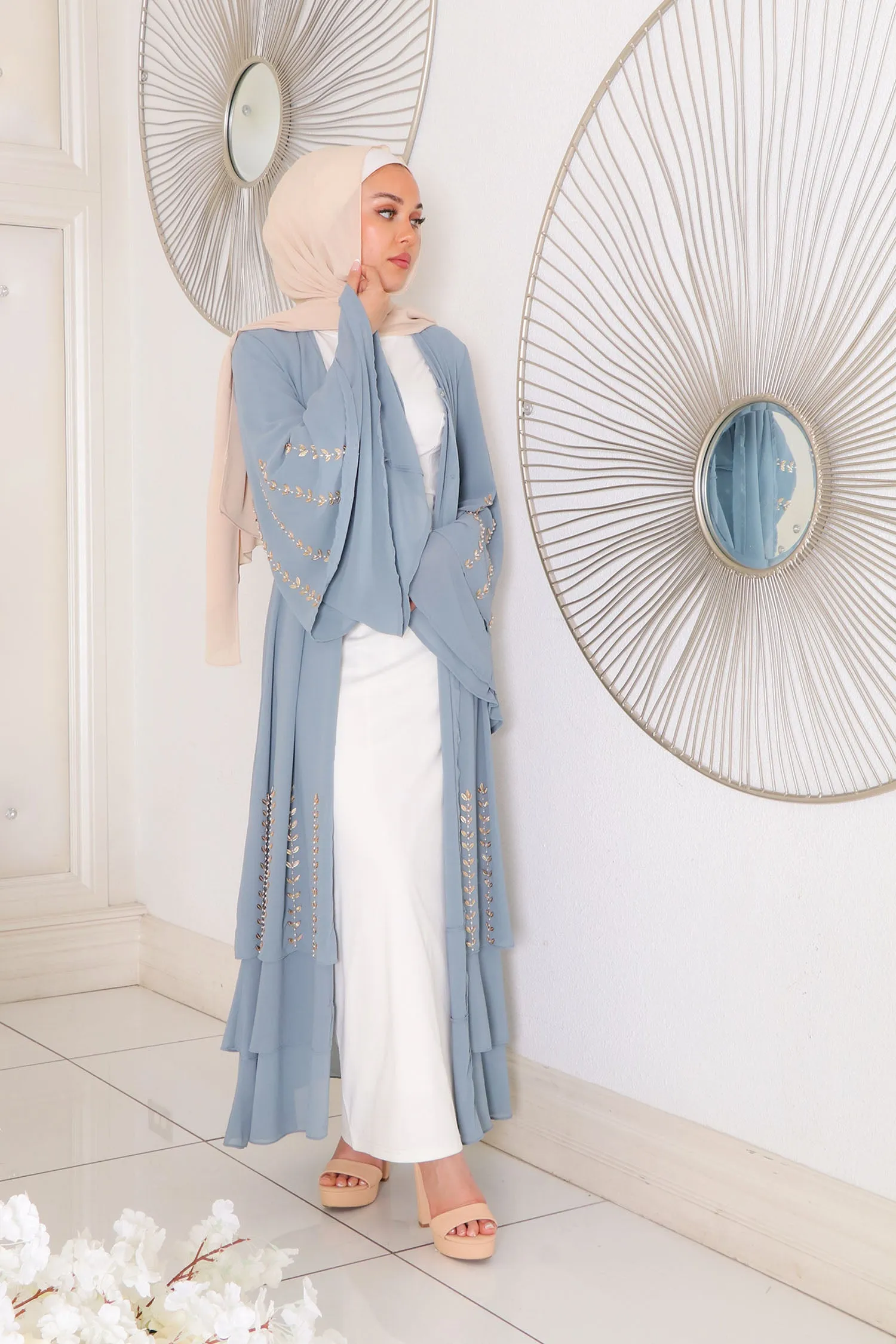 Amor Chiffon Layered Abaya- Dark Dusty Blue