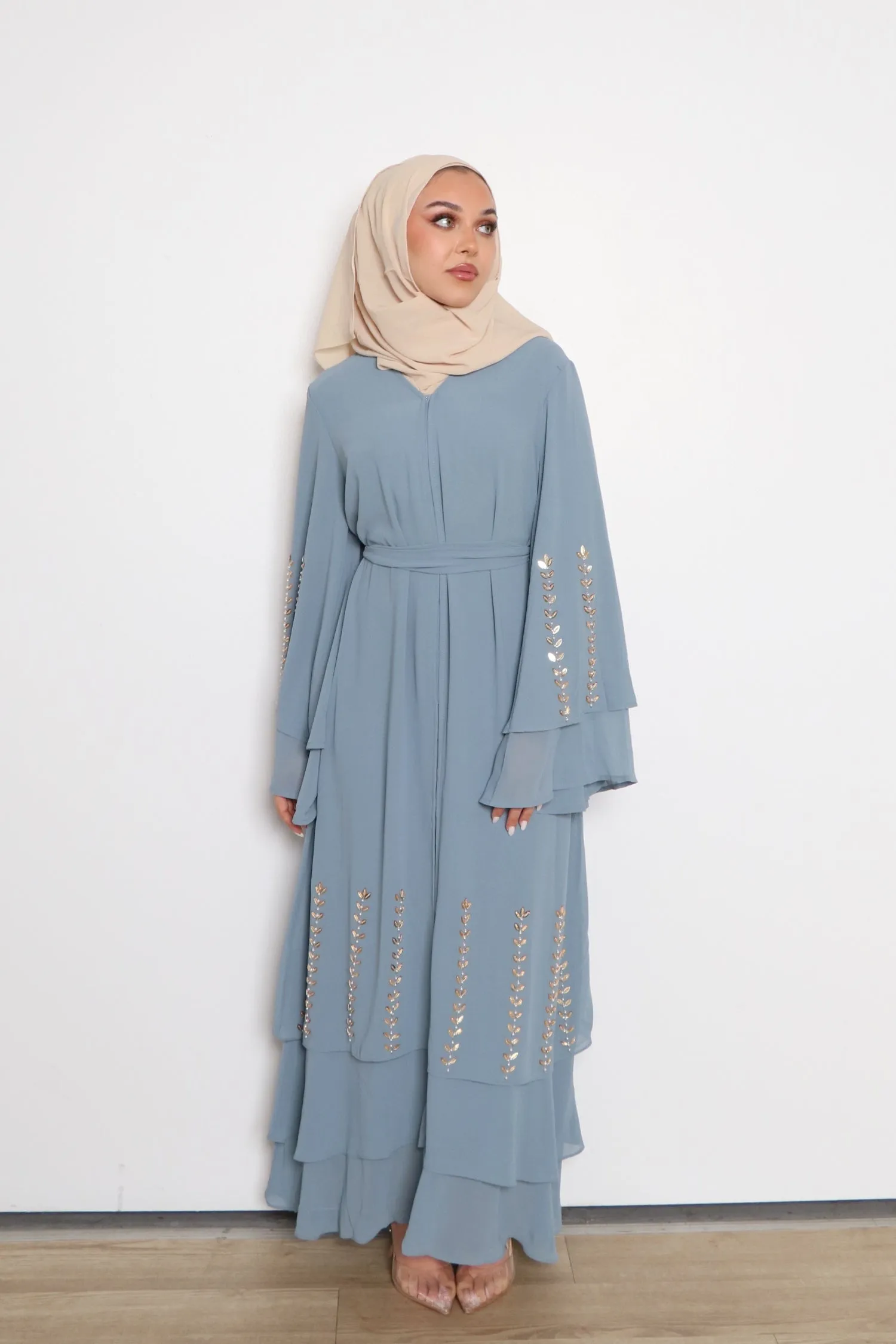 Amor Chiffon Layered Abaya- Dark Dusty Blue