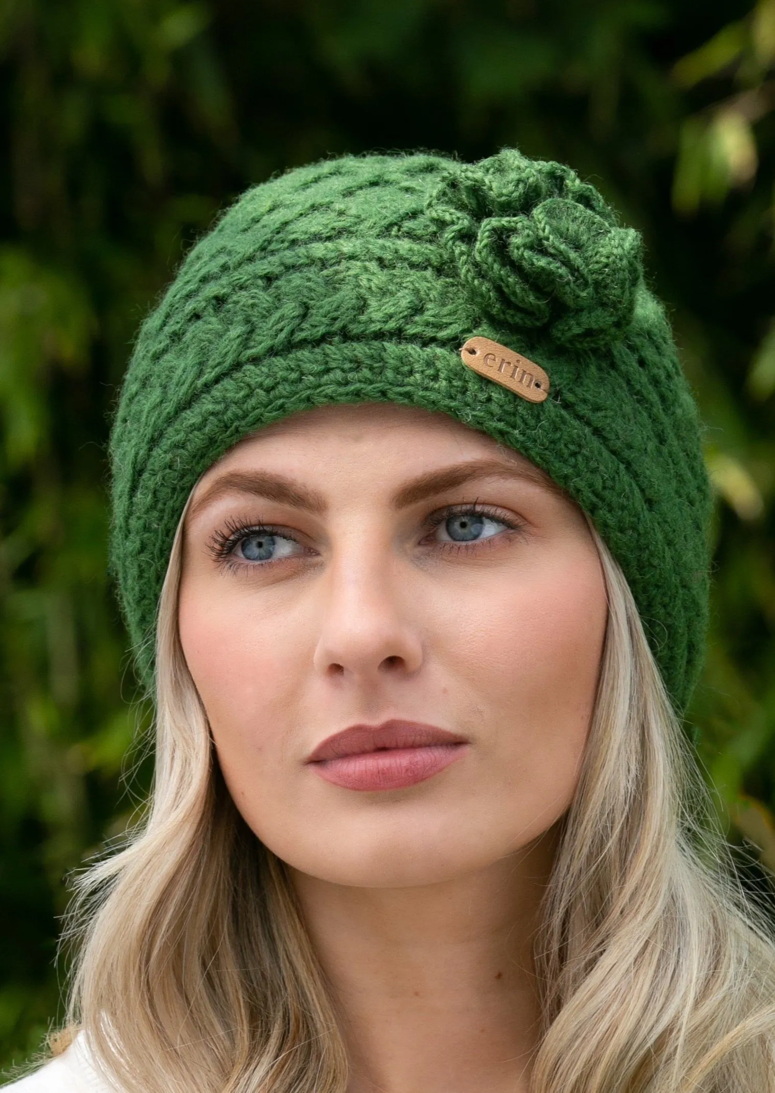 Aran Trellis Flower Hat | Green