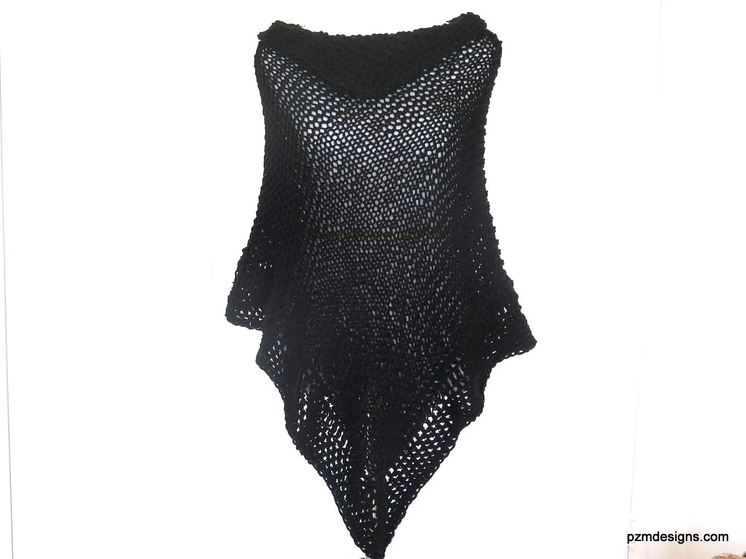 Black Asymmetric Hand Knit Poncho, Evening Black Wrap