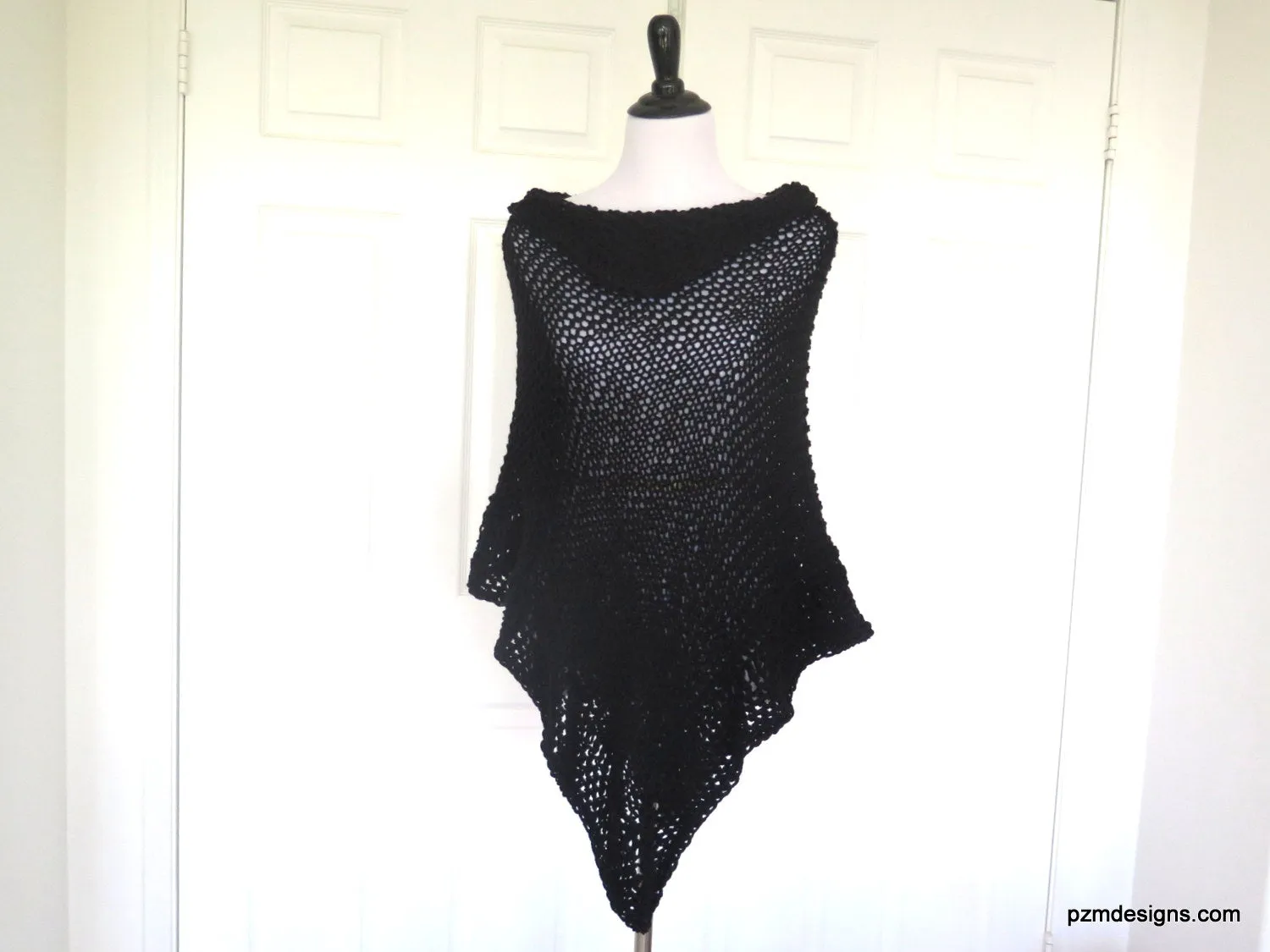 Black Asymmetric Hand Knit Poncho, Evening Black Wrap