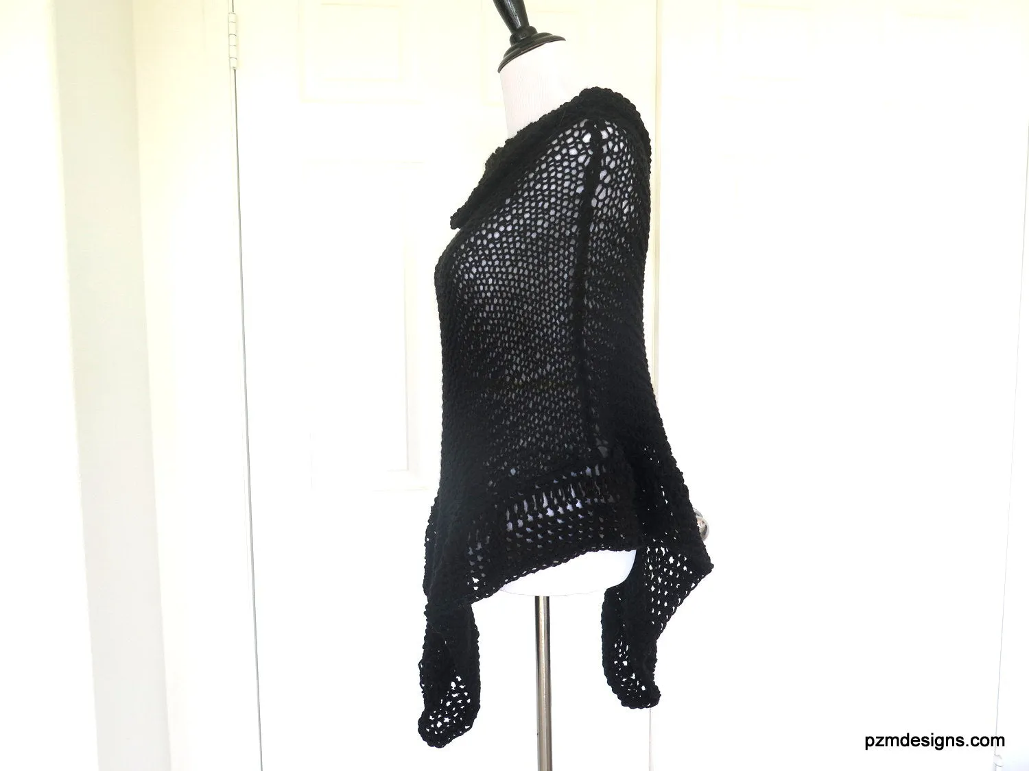 Black Asymmetric Hand Knit Poncho, Evening Black Wrap