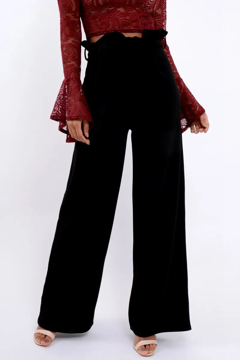 Black Paper Bag Tie Waist Wide Leg Trousers - Kennedy