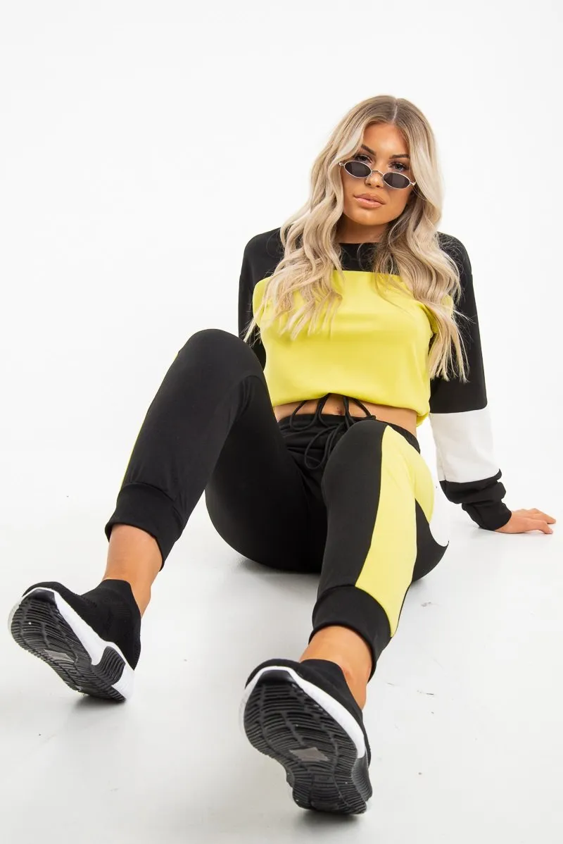 Black Yellow Colour Block Sweatshirt Tracksuit - Kazia