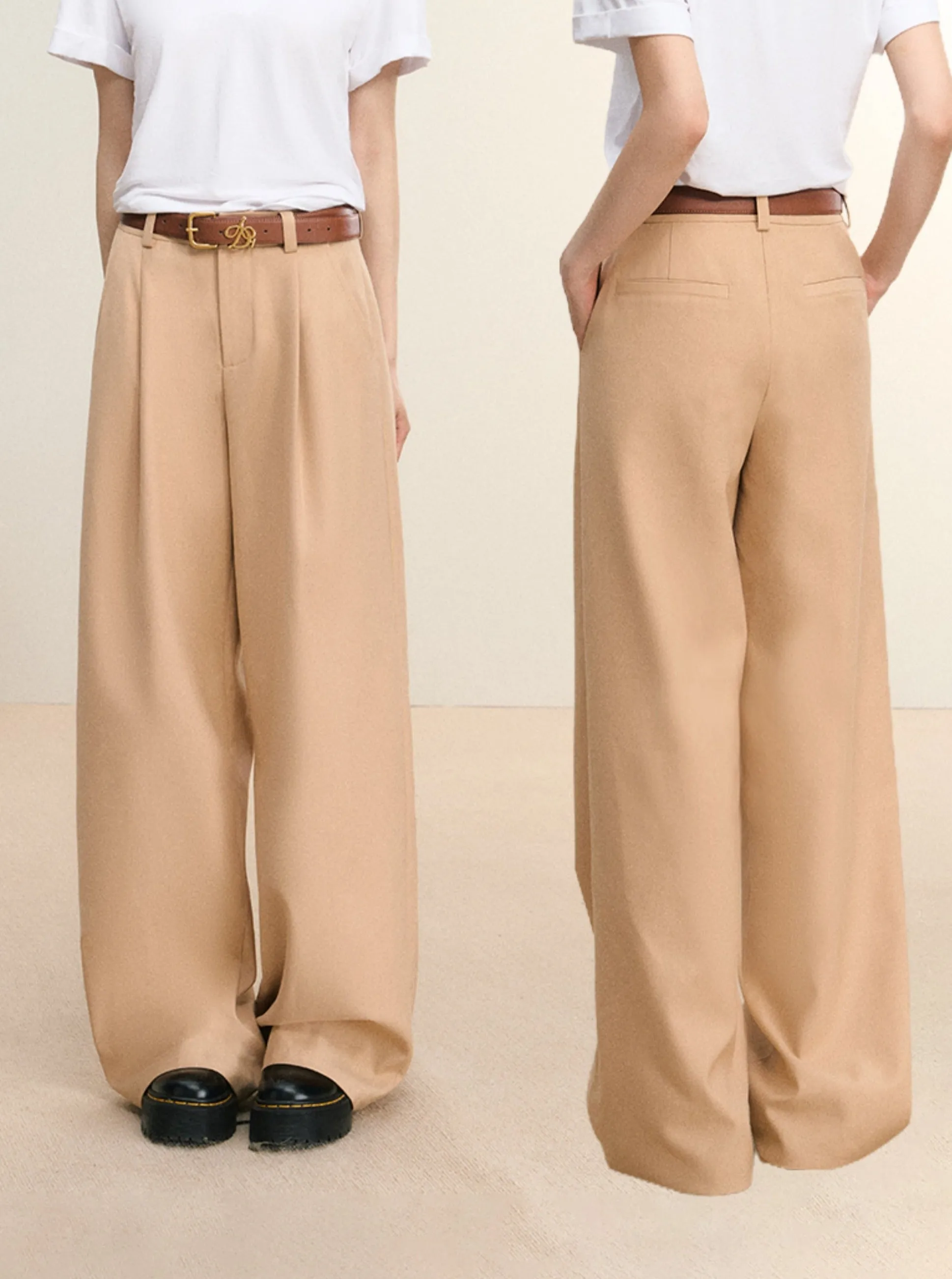 Camel Wide-Leg Trousers - High-Waisted Pleated Palazzo Pants