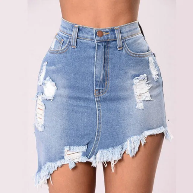 Denim Ripped Tassel High Waist Sharp Edge Irregular Cutting Pencil Mini Skirt