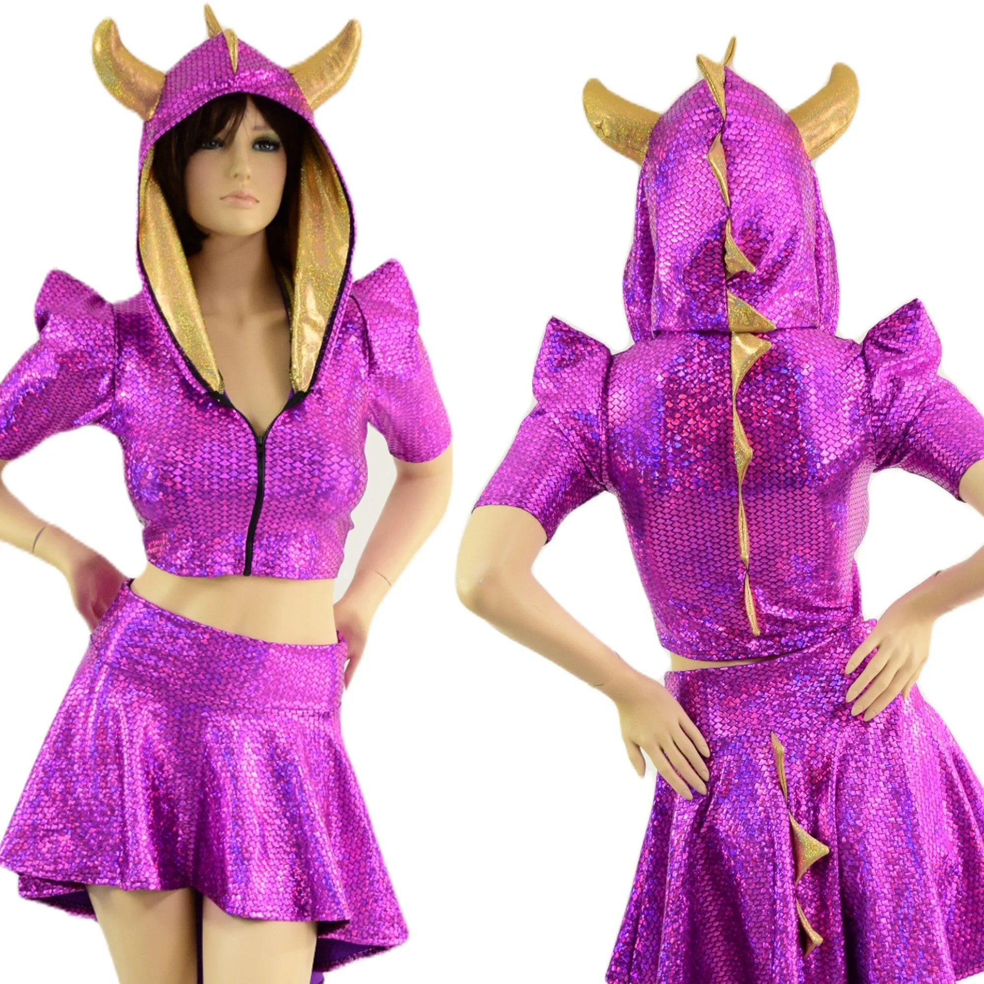 Dragon Tail Skirt & Crop Hoodie Set with Horns