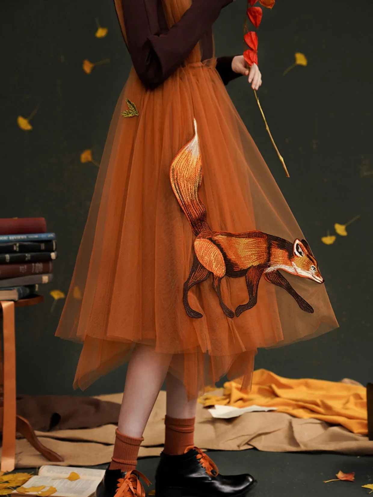 Embroidered Fox Tulle Strap Skirt