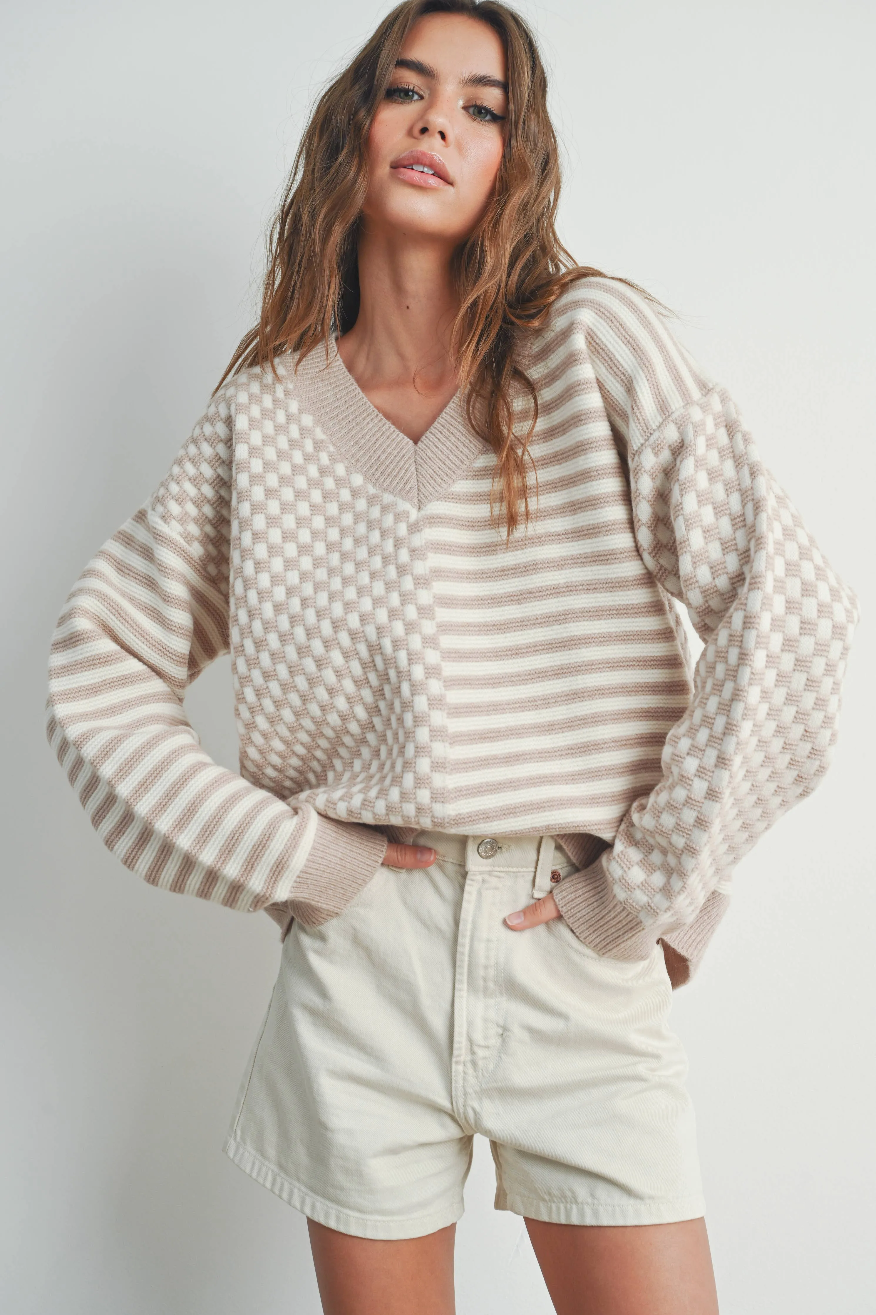 Frenchy Checkered Pattern Drop Shoulder Sweater