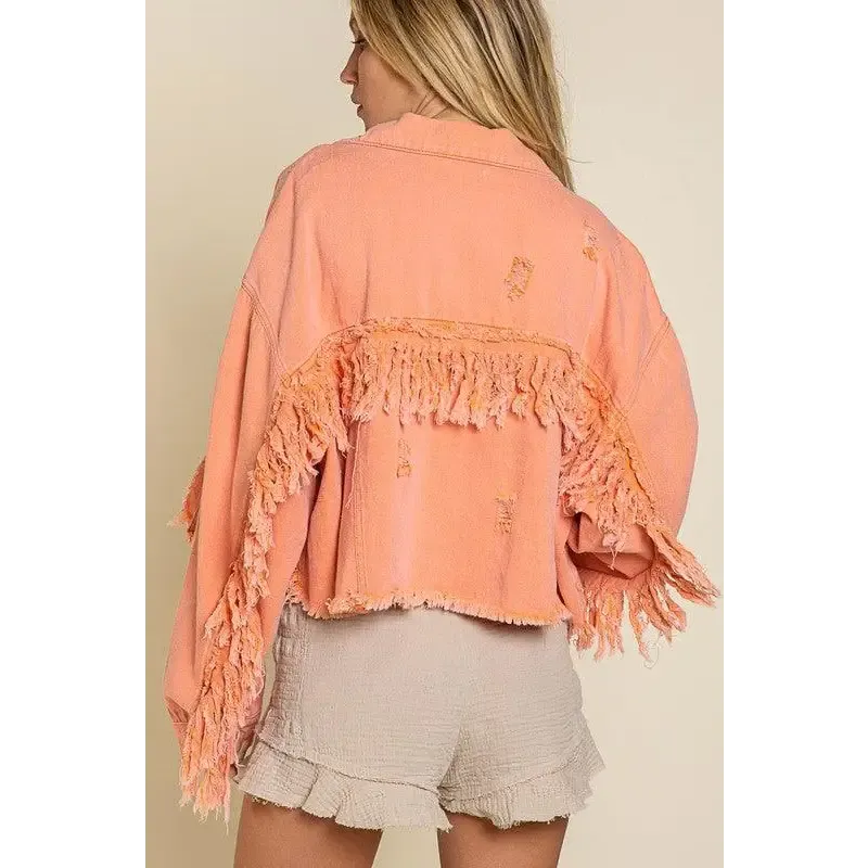 Fringe Distressed Crop Denim Jacket