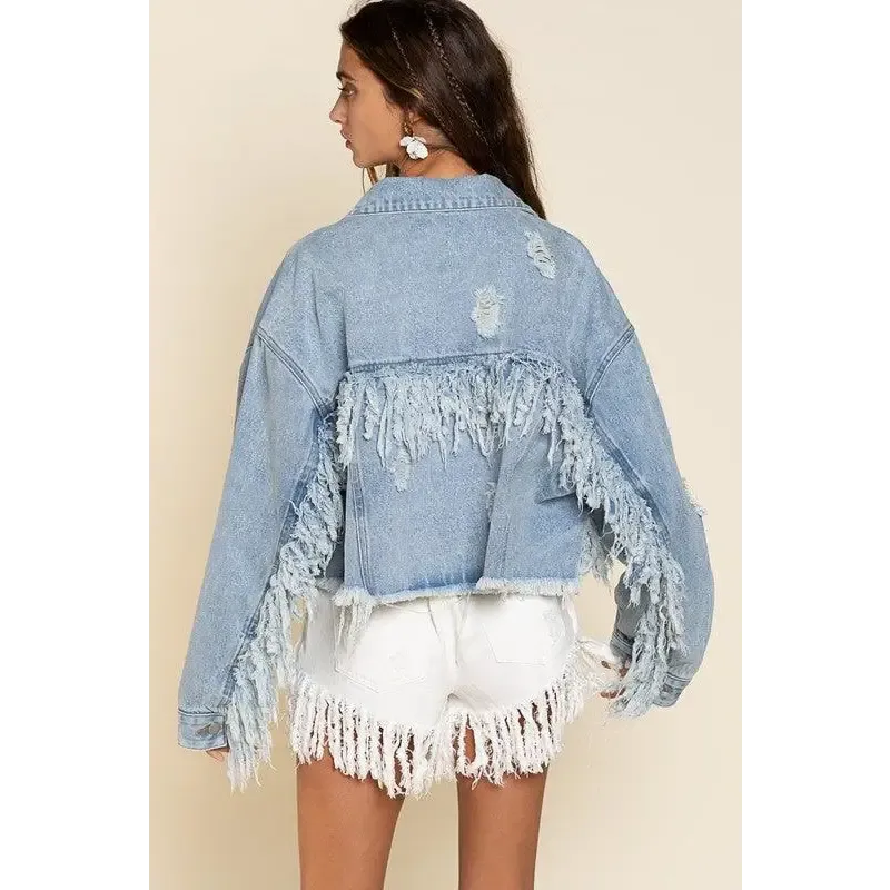 Fringe Distressed Crop Denim Jacket