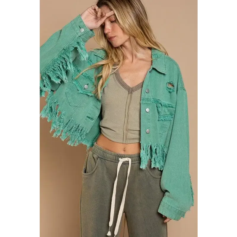 Fringe Distressed Crop Denim Jacket