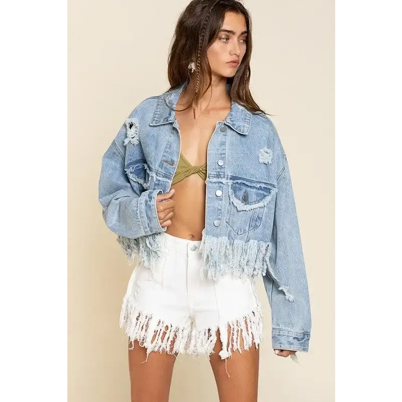 Fringe Distressed Crop Denim Jacket