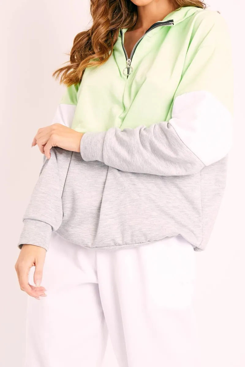 Green Colour Block 3/4 Zip Hoodie - Carlie