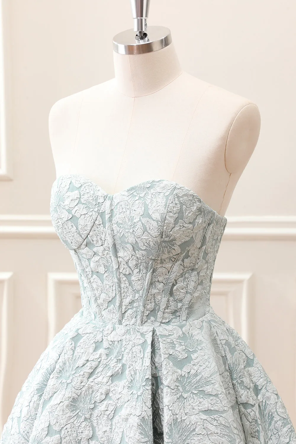 Grey Green A-Line Strapless Corset Floral Mini Dress