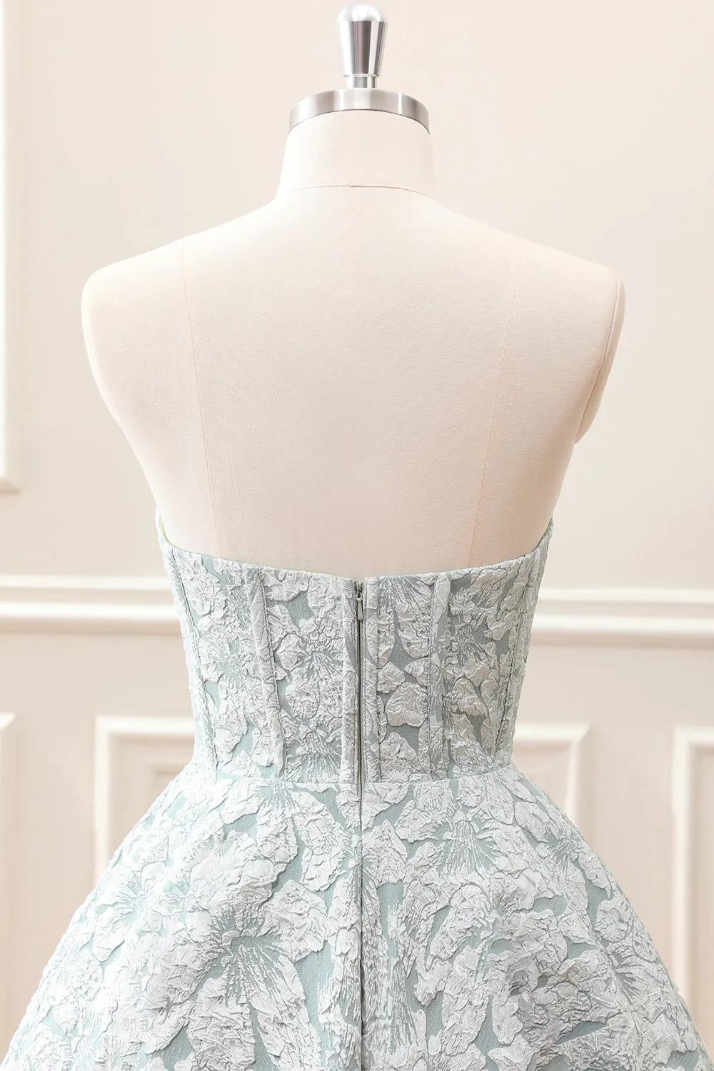 Grey Green A-Line Strapless Corset Floral Mini Dress