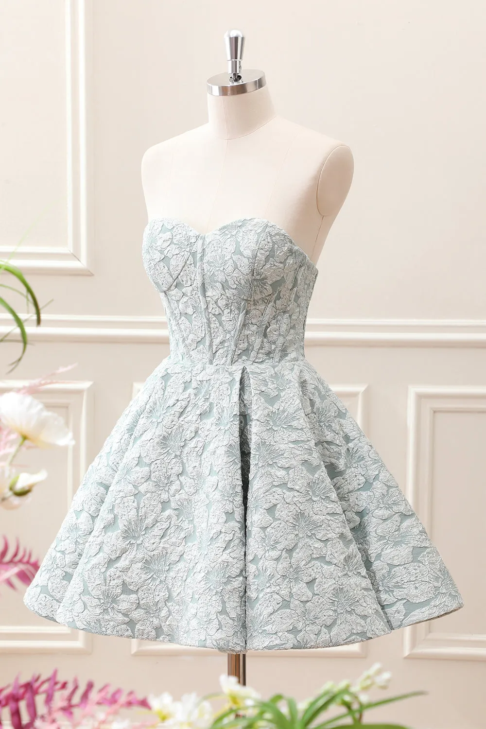 Grey Green A-Line Strapless Corset Floral Mini Dress