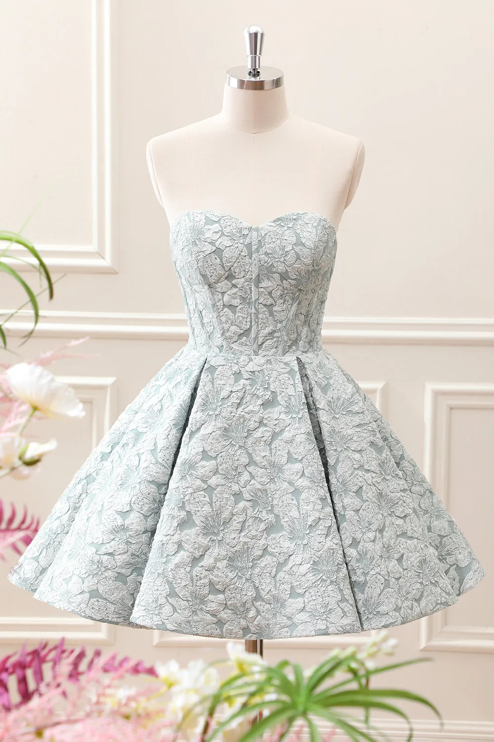 Grey Green A-Line Strapless Corset Floral Mini Dress