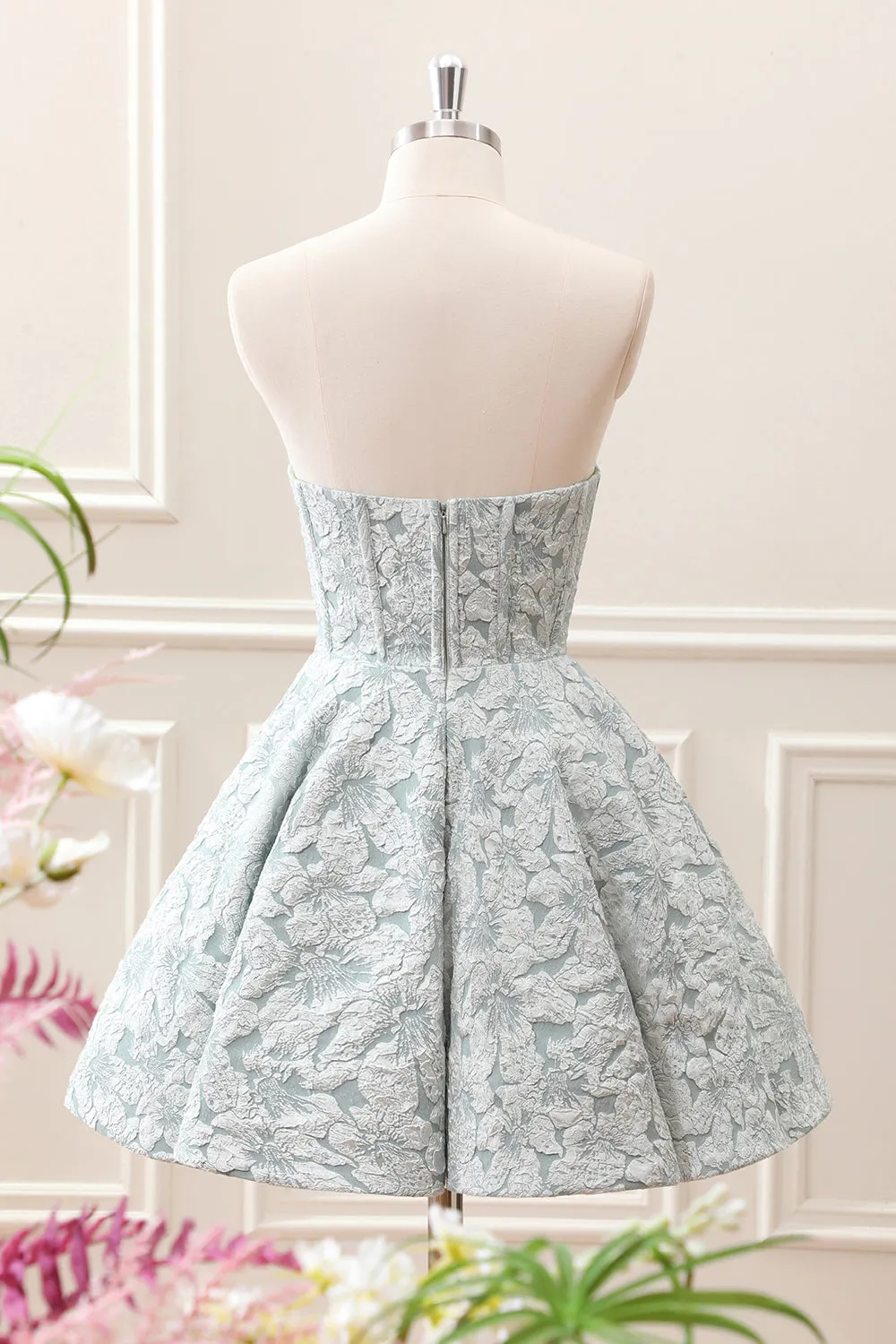 Grey Green A-Line Strapless Corset Floral Mini Dress