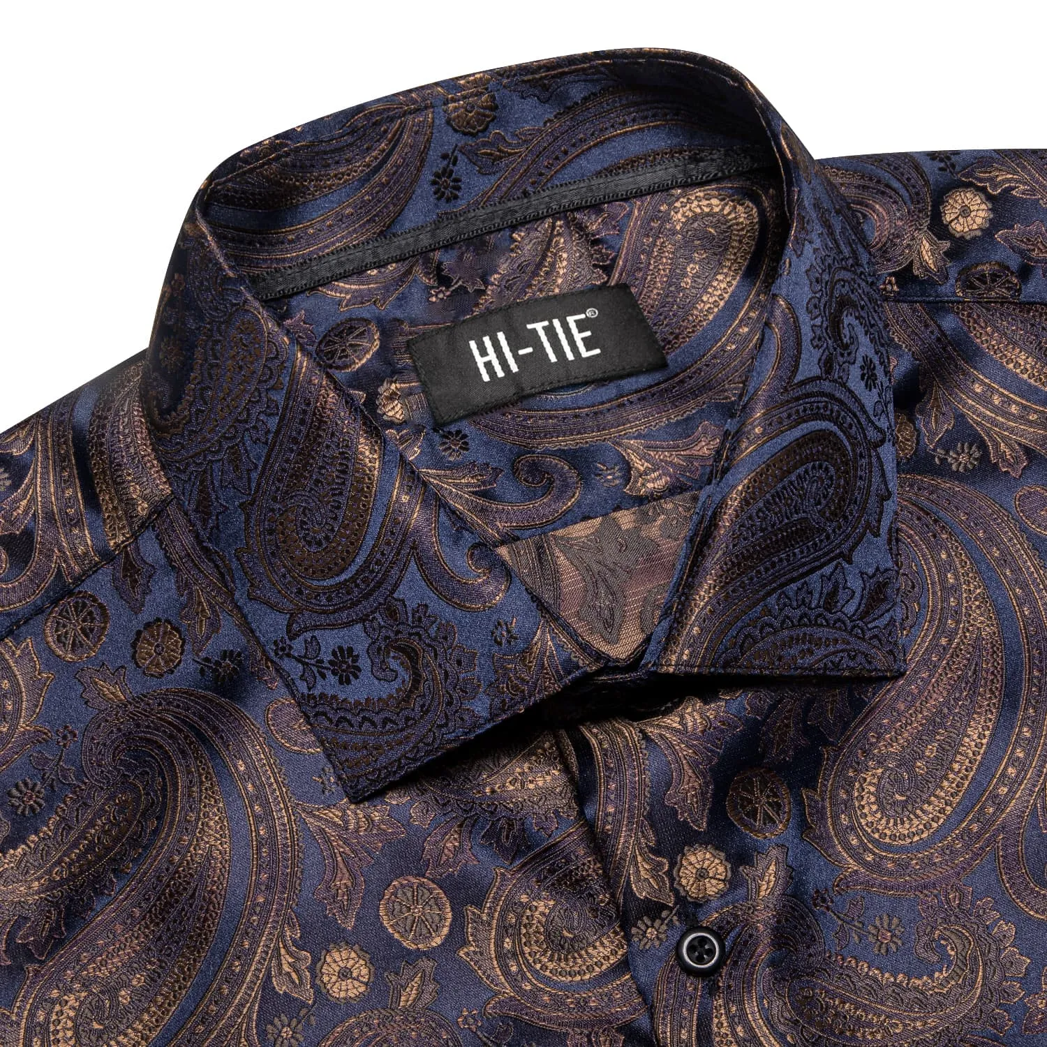 Hi-Tie Paisley Shirt Navy Blue Tan Jacquard Mens Button Down Shirt