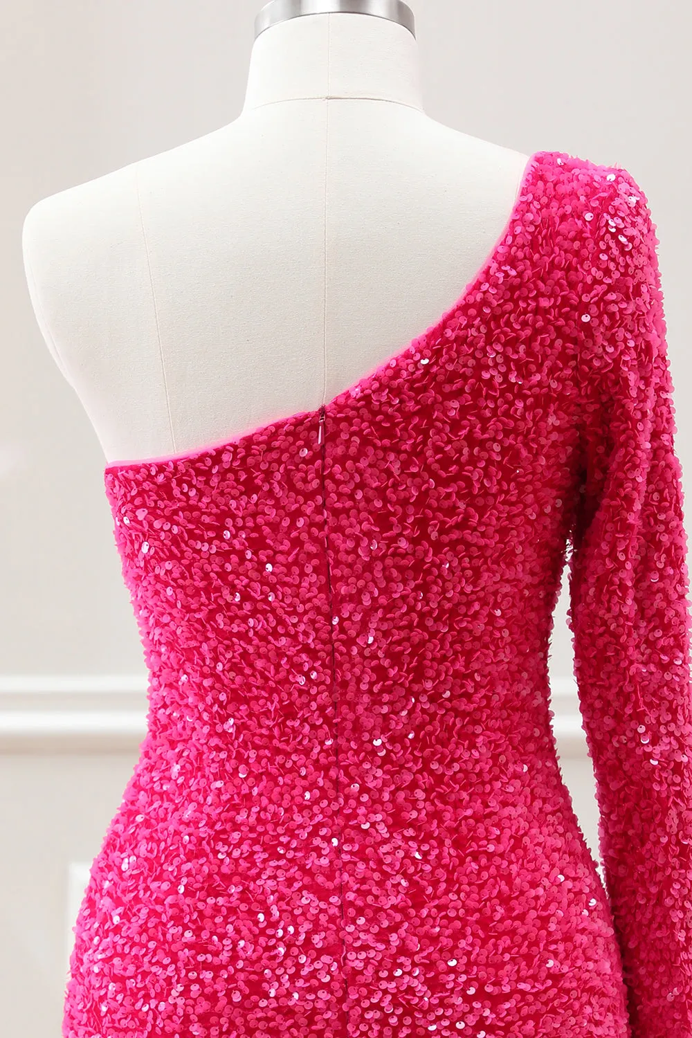 Hot Pink One Shoulder Long Sleeve Sequined Slit Bodycon Mini Dress