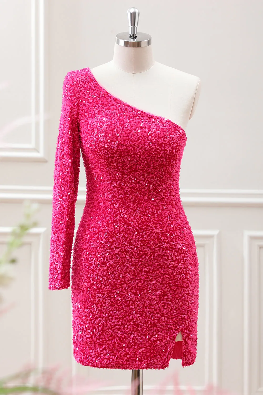 Hot Pink One Shoulder Long Sleeve Sequined Slit Bodycon Mini Dress