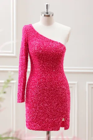 Hot Pink One Shoulder Long Sleeve Sequined Slit Bodycon Mini Dress