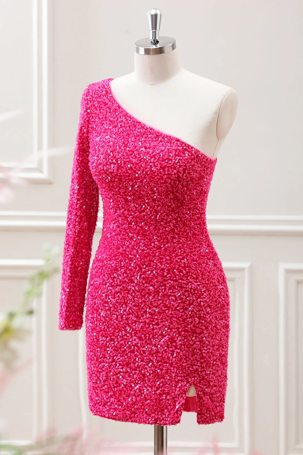 Hot Pink One Shoulder Long Sleeve Sequined Slit Bodycon Mini Dress