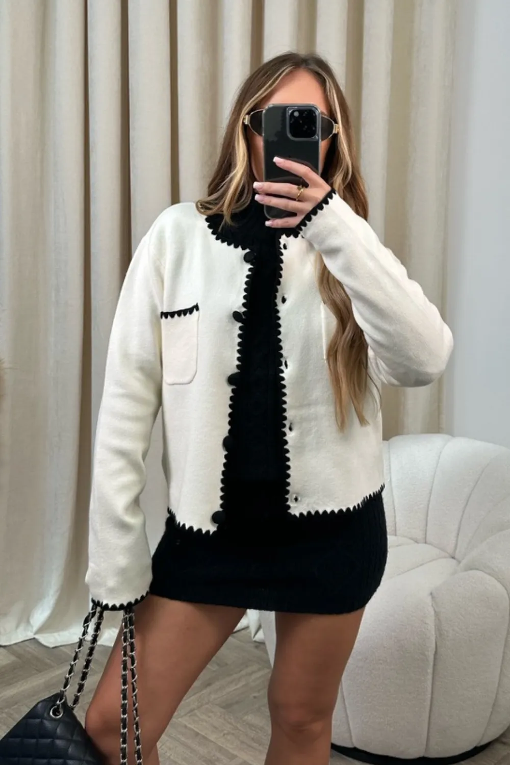 Lacey white contrast trim knit cardigan