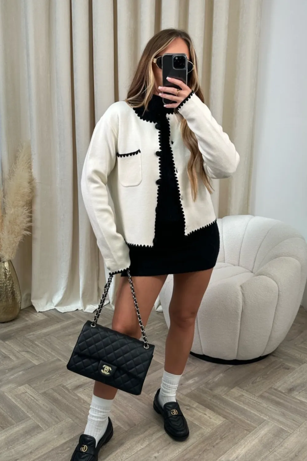 Lacey white contrast trim knit cardigan