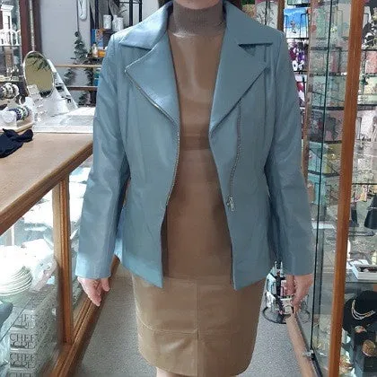 LEATHER HIP LENGTH JACKET CLOUD BLUE COLOUR