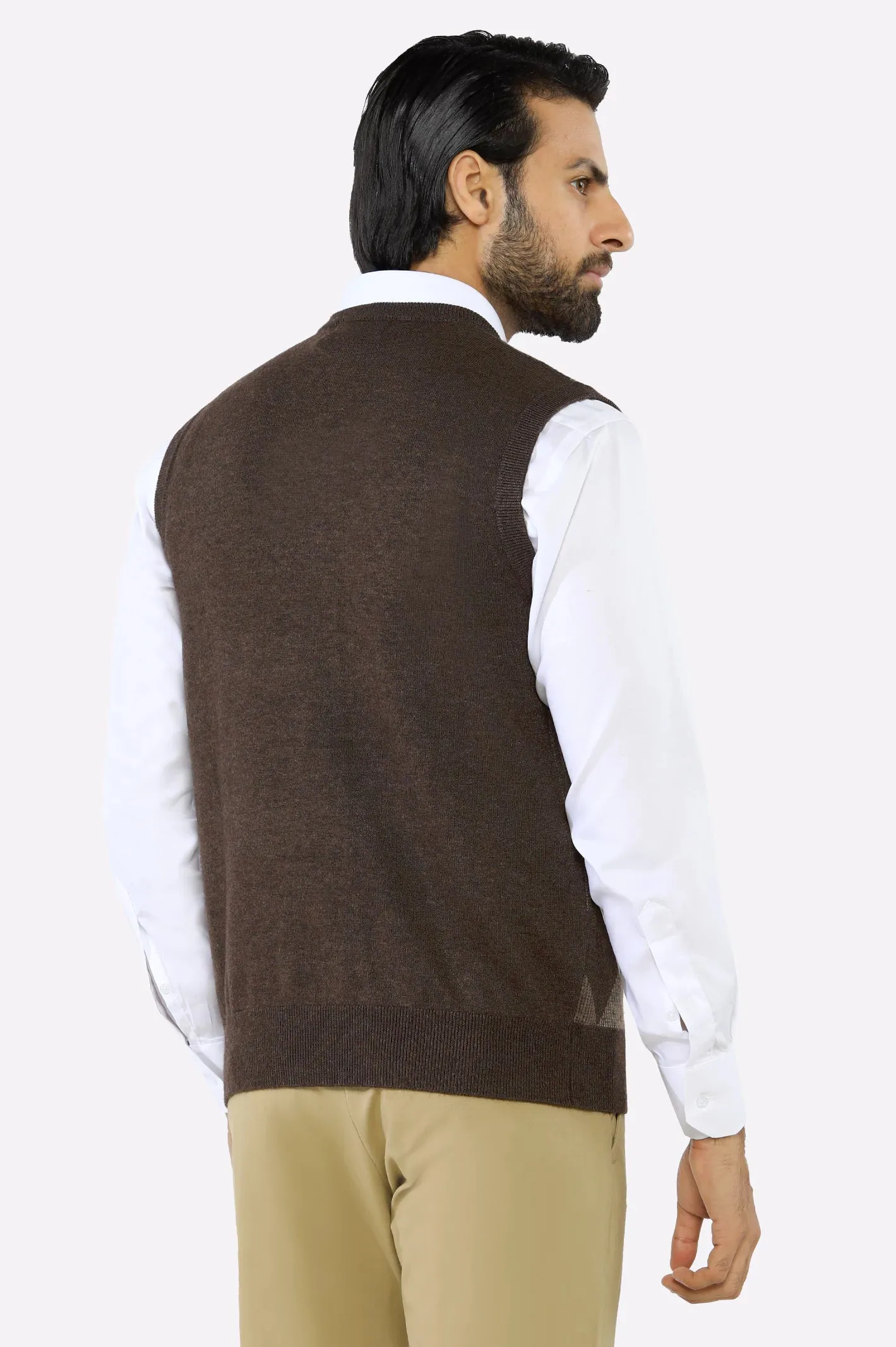 Men V-neck Brown Sleeveless Sweater