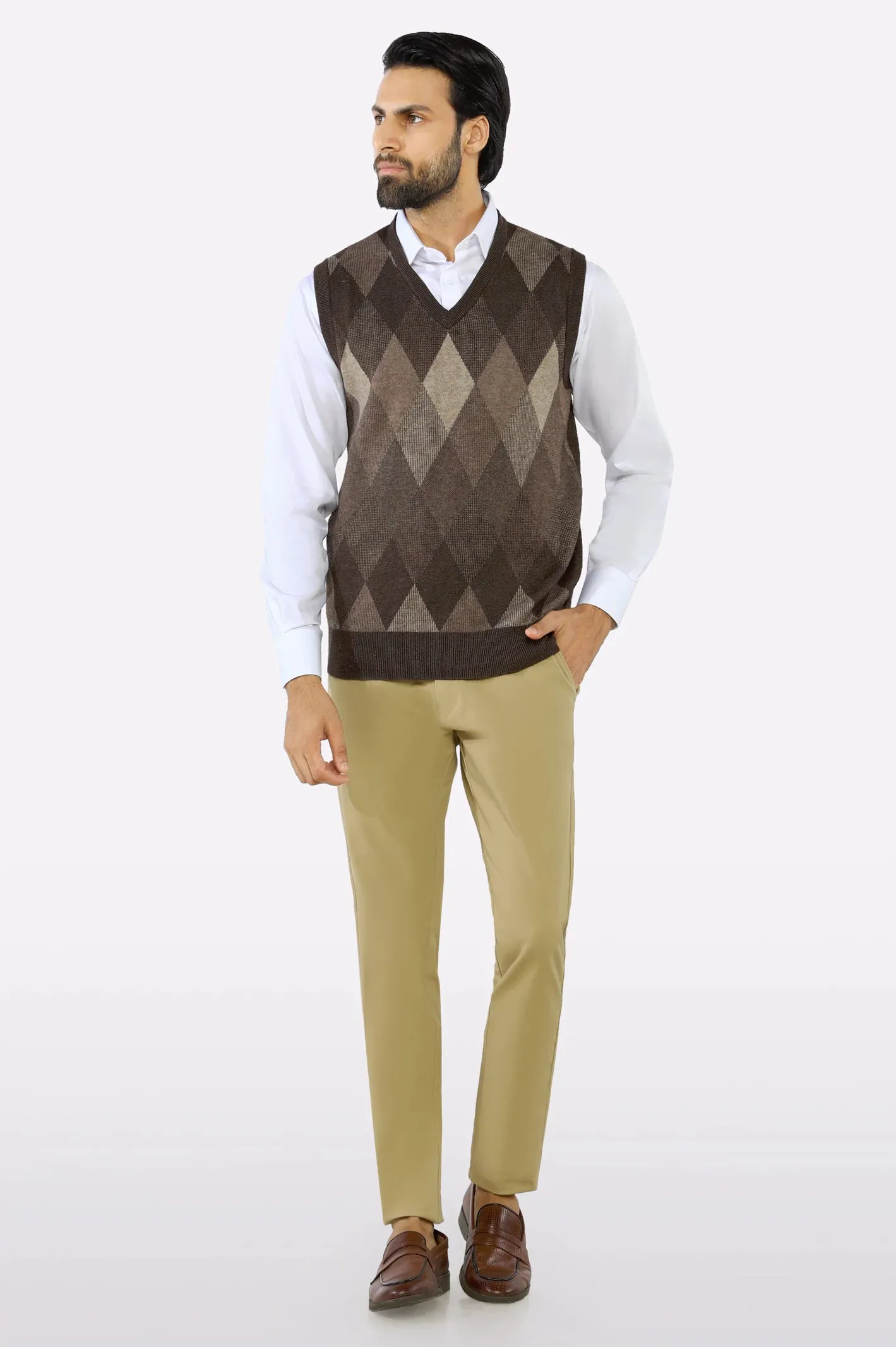 Men V-neck Brown Sleeveless Sweater