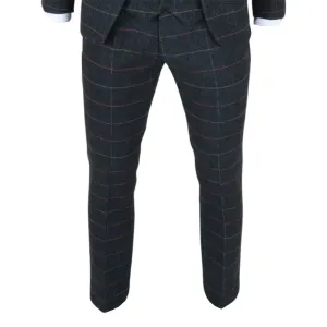 Men's Trousers Navy Blue Checked Herringbone Tweed Casual Formal Pants