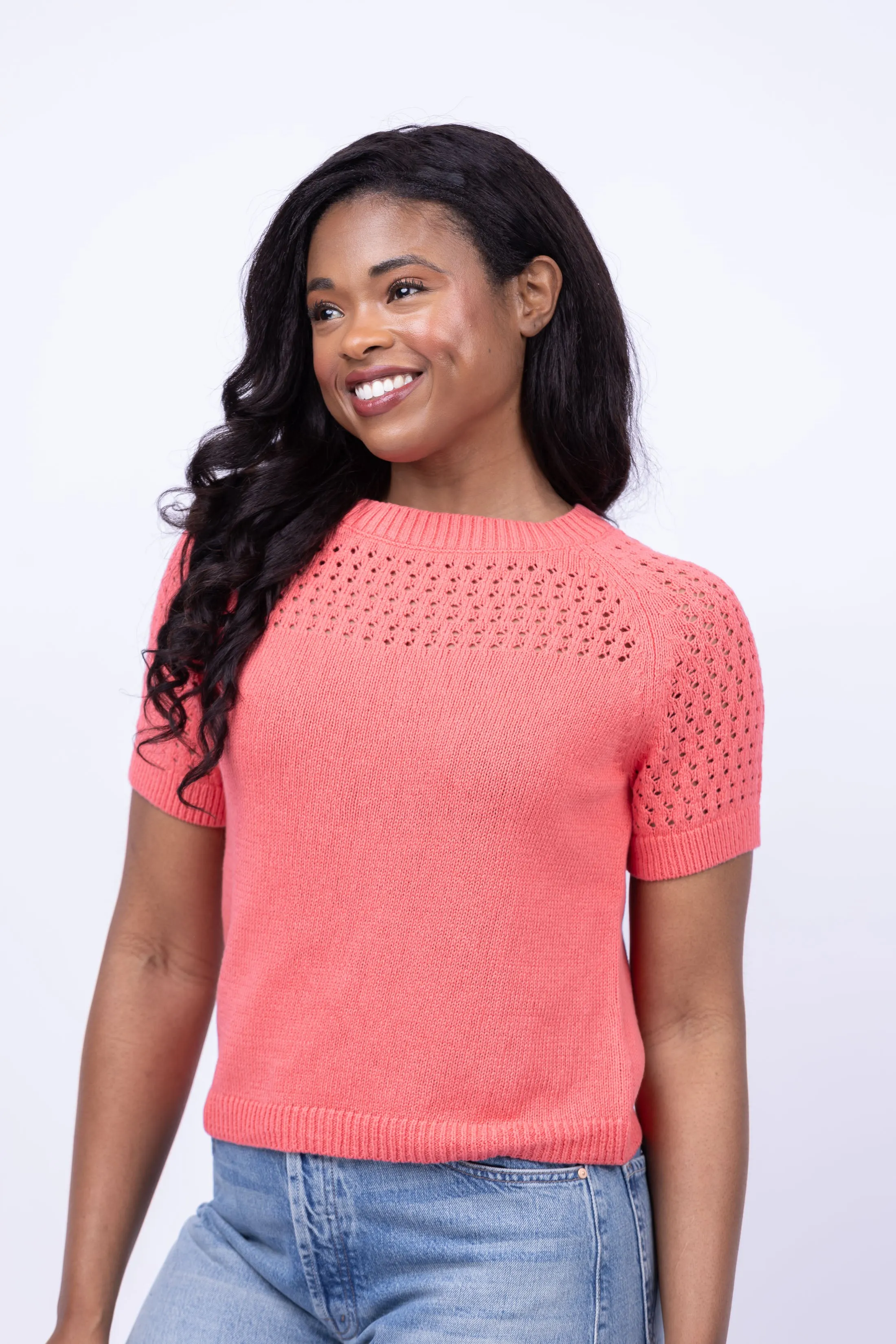 Nic   Zoe Placed Crochet Sweat in Coral