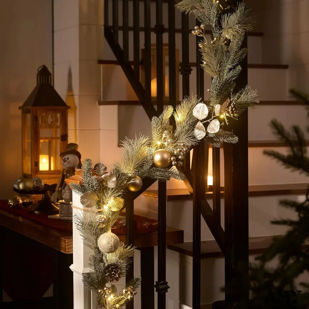 Pre-Lit Christmas Garland with White Gold Ball Accents