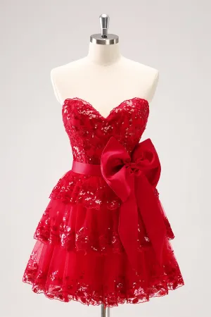 Red Sequined A Line Tiered Corset Strapless Mini Dress with Bows