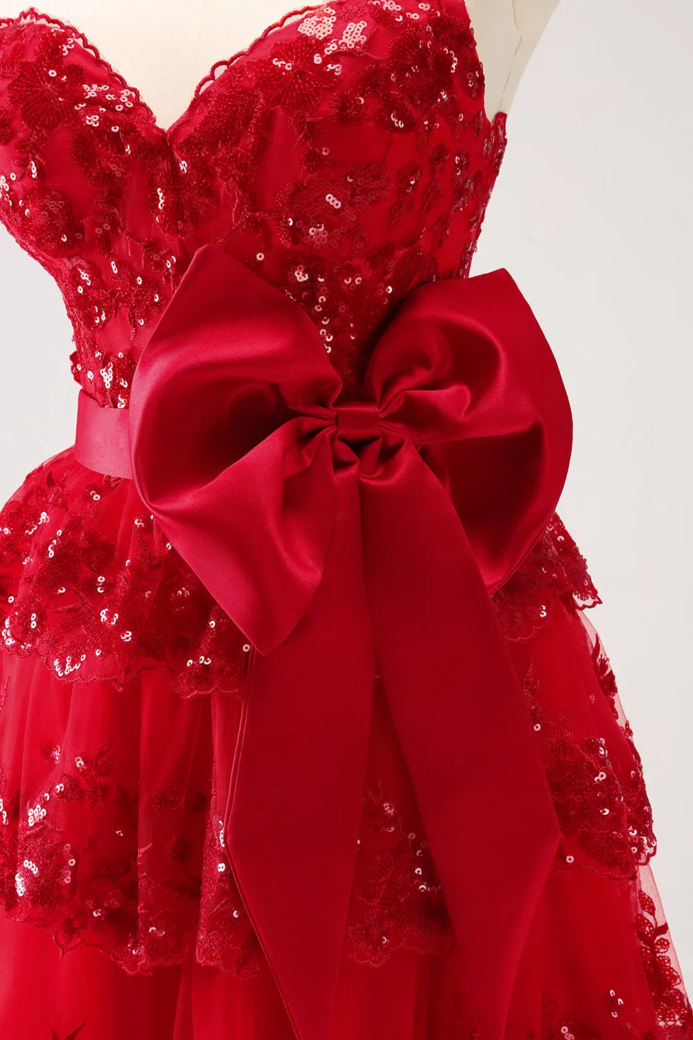 Red Sequined A Line Tiered Corset Strapless Mini Dress with Bows