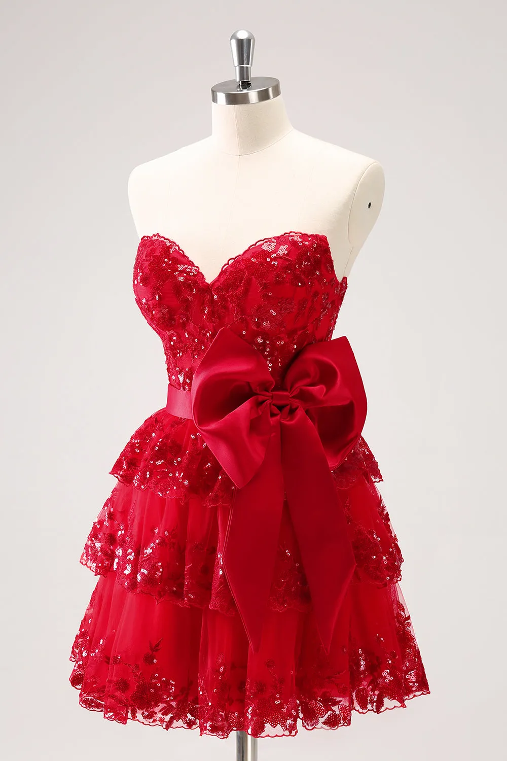 Red Sequined A Line Tiered Corset Strapless Mini Dress with Bows