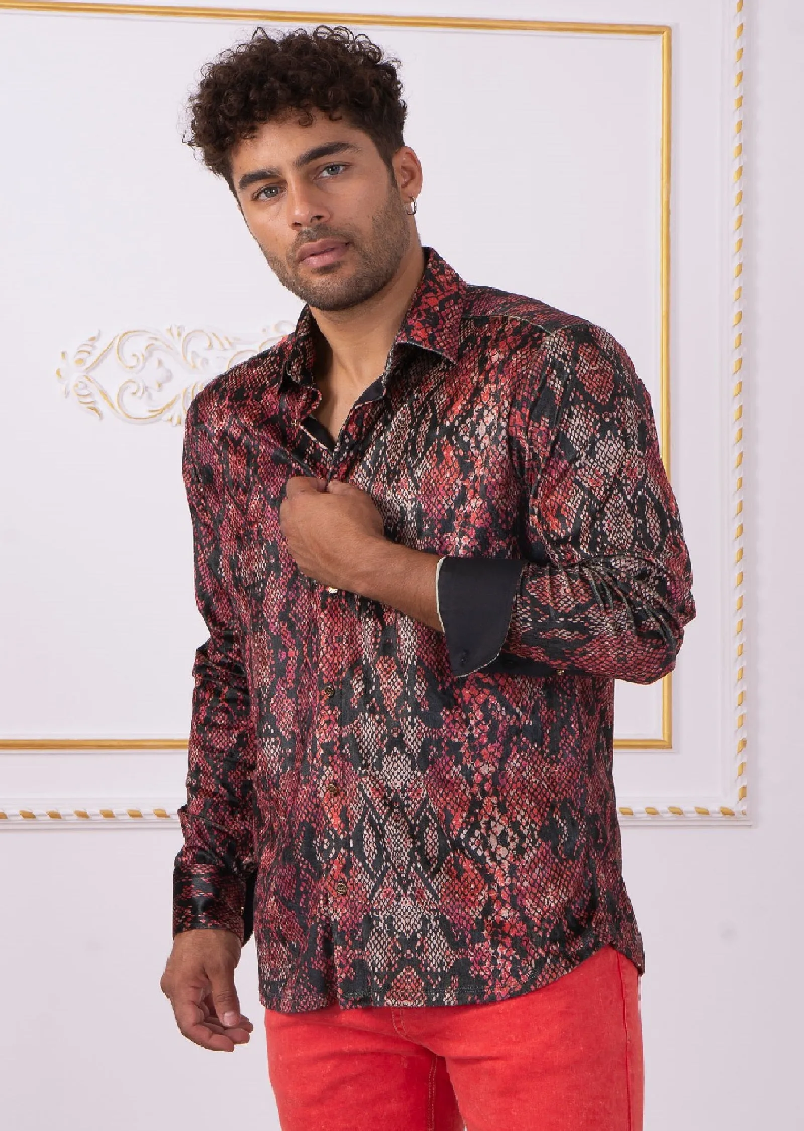 Red Snake Print Velvet Shirt