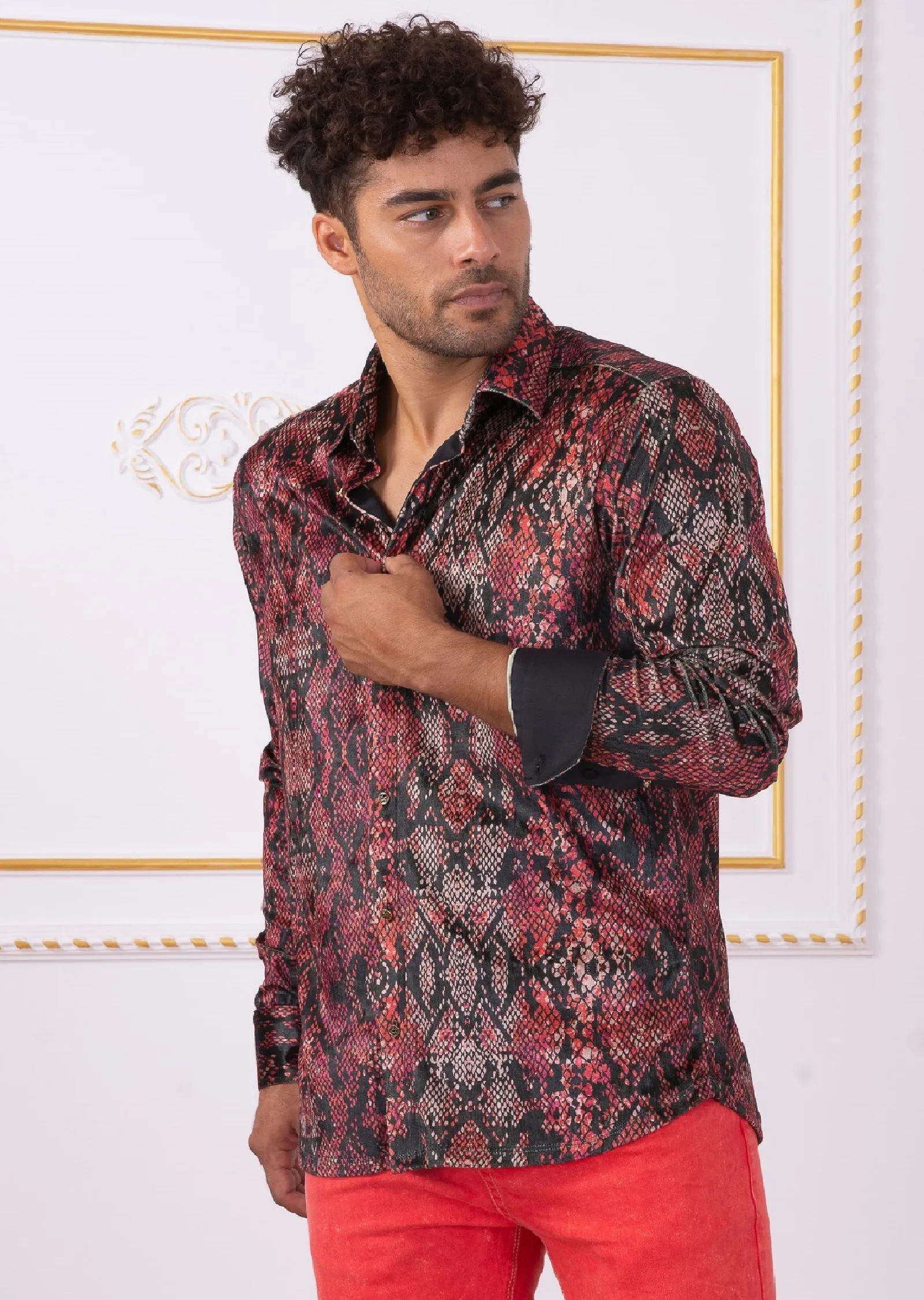 Red Snake Print Velvet Shirt