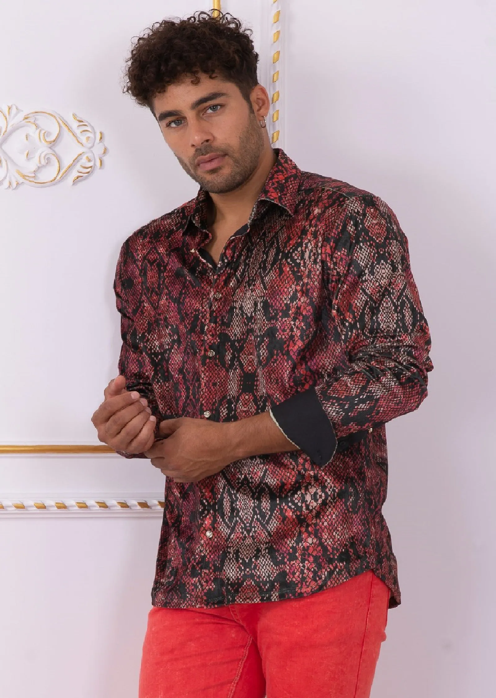 Red Snake Print Velvet Shirt