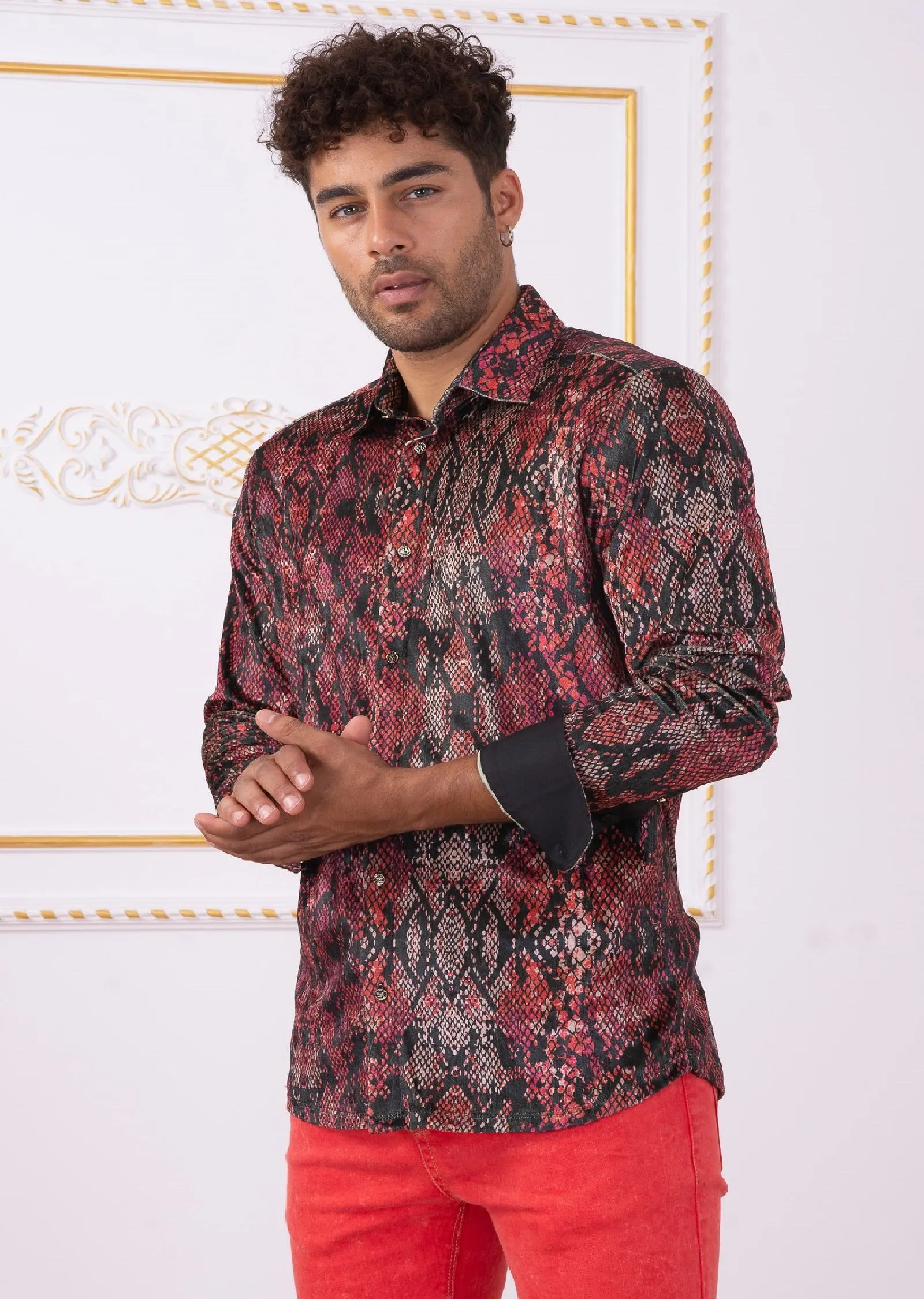 Red Snake Print Velvet Shirt