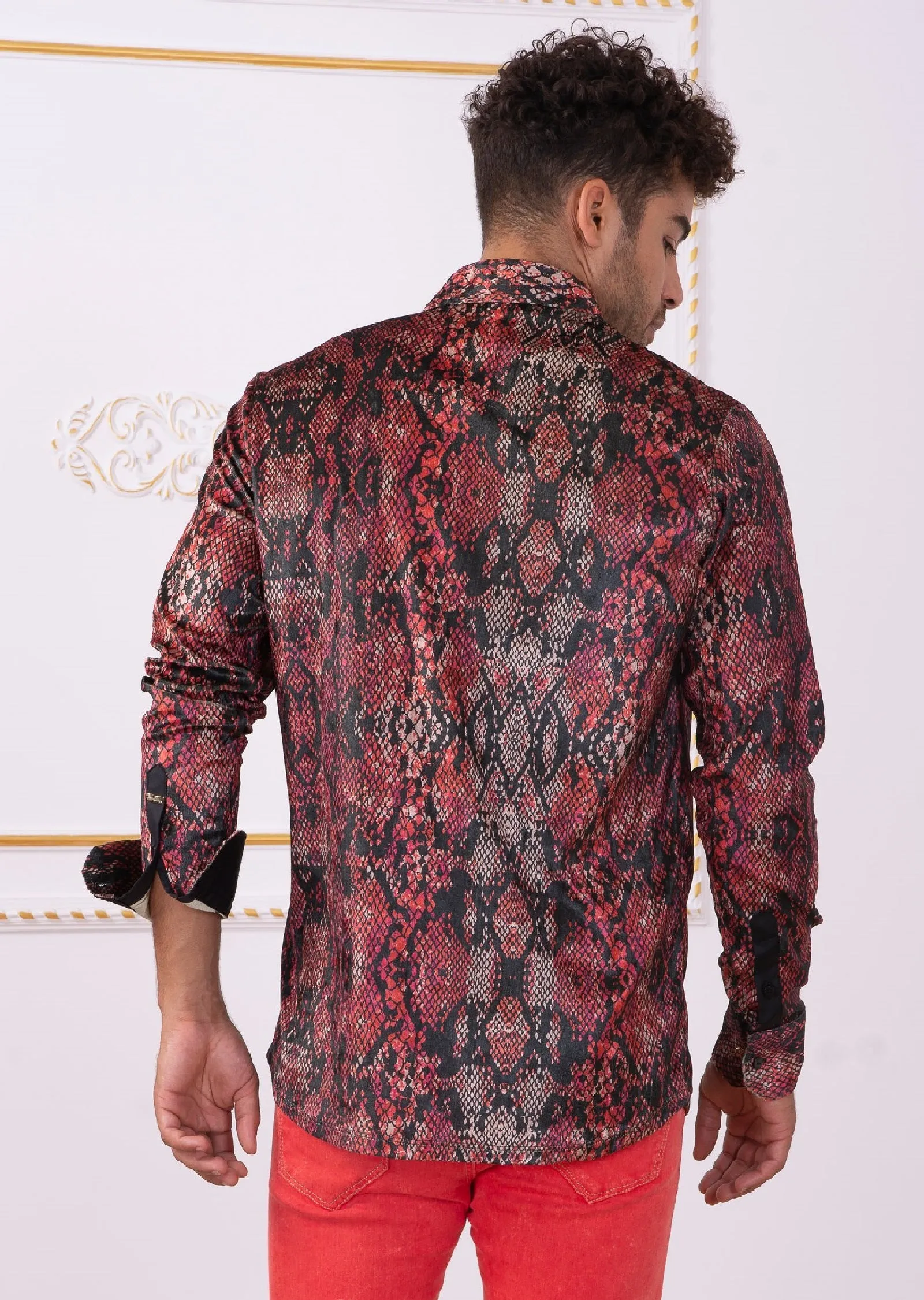 Red Snake Print Velvet Shirt